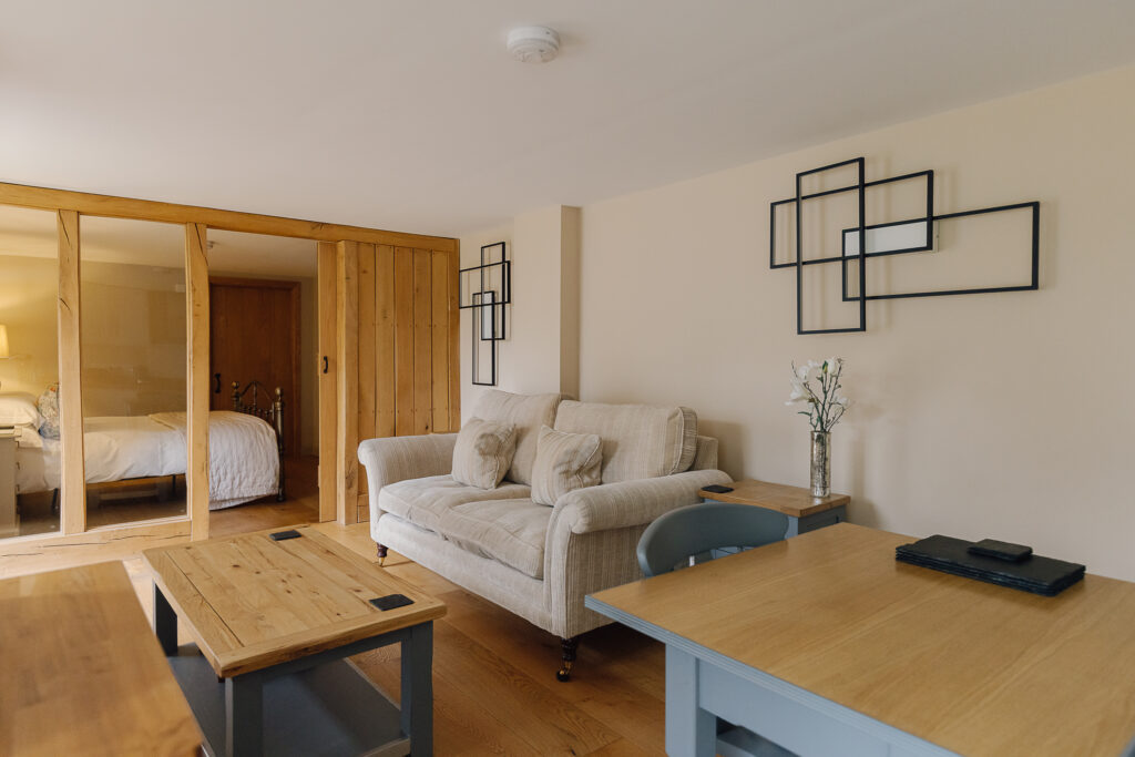 Sofa in lounge area with coffee table