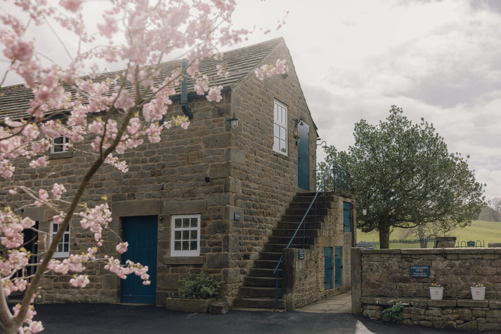 Barn external in front of a pink blossom tree