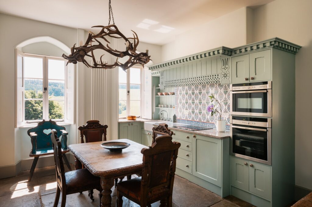 a kitchen with table for four