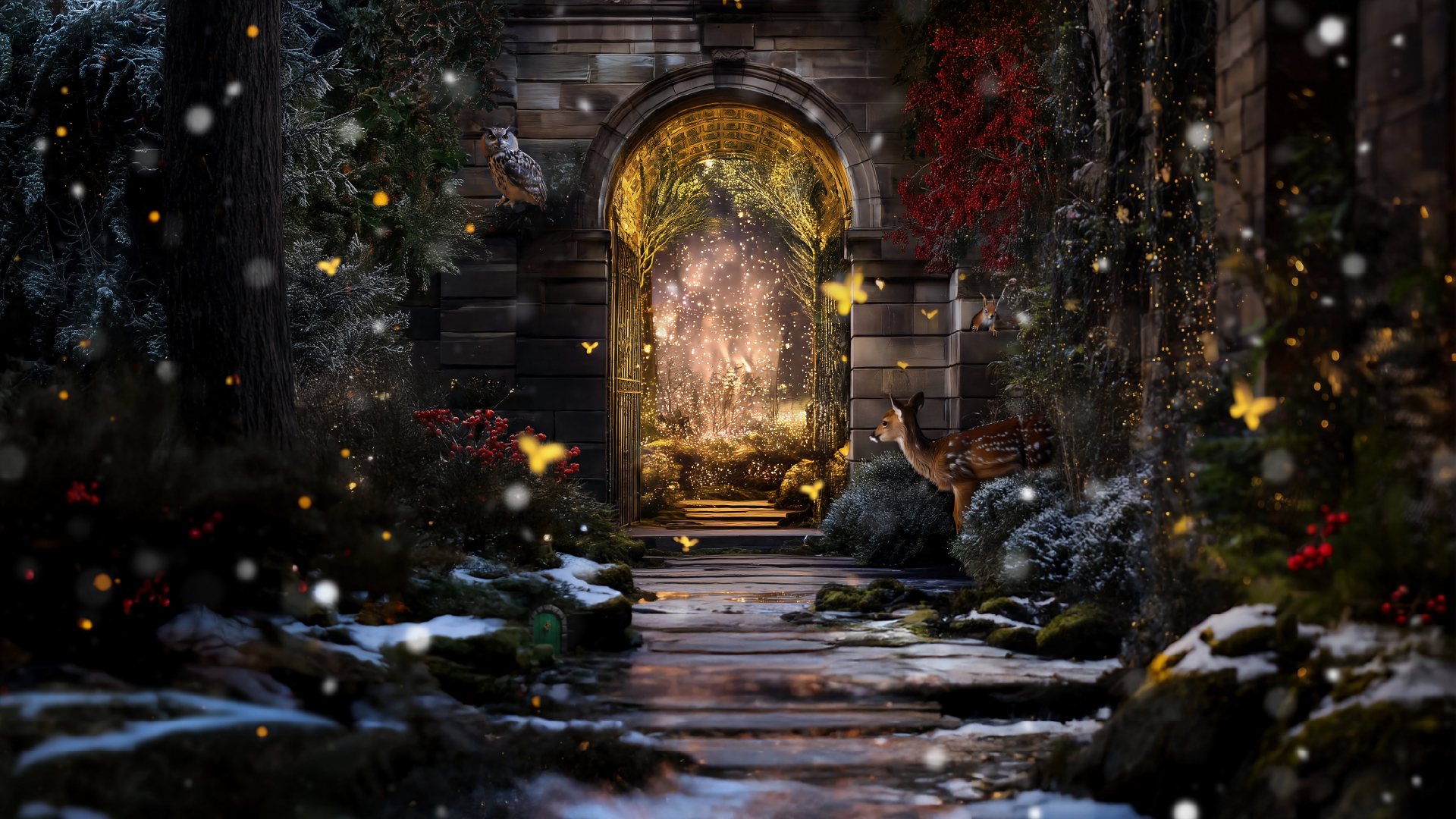Christmas At Chatsworth. Forest scene with Deer, butterflies, and animals approaching a stone archway.
