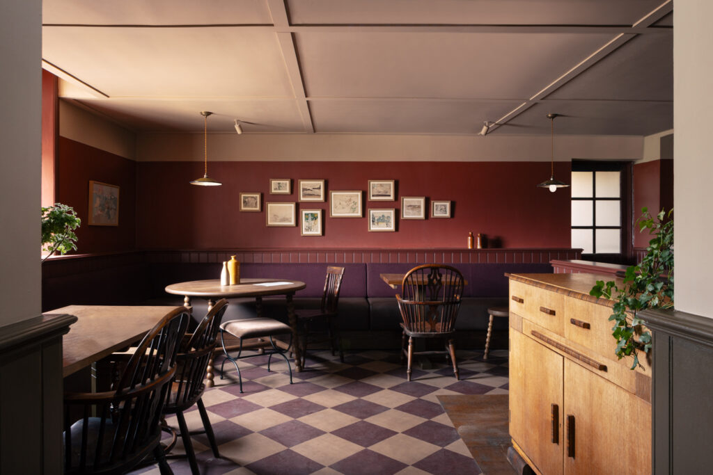 Tables on a chequerboard floor