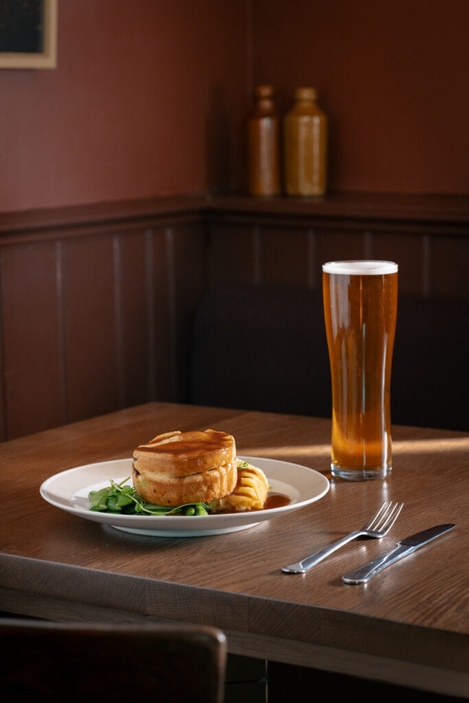 The Hide Beef and Ale Pie with a Pint of Beer