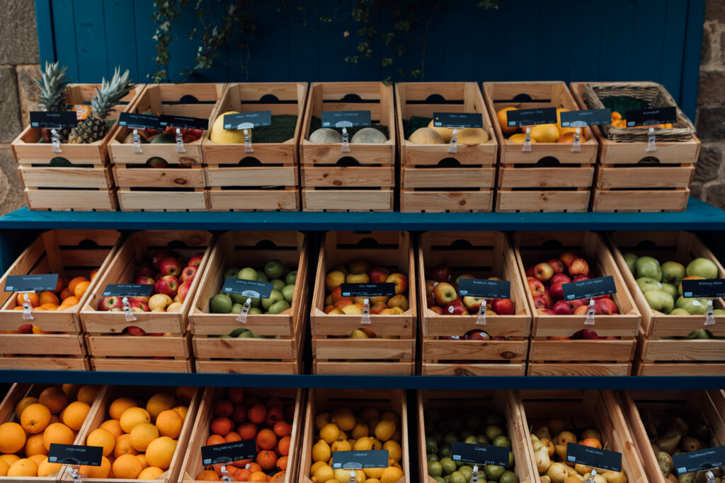 Farm shop baskets full of fresh vibrant fruit